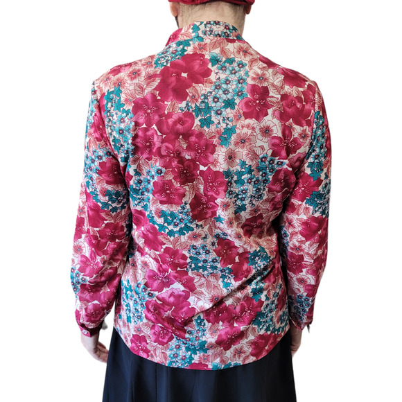 VNTG 80s Bright Floral Silky Tapestry Blouse M Nehru Collar Romantic Coquette - Picture 5 of 8